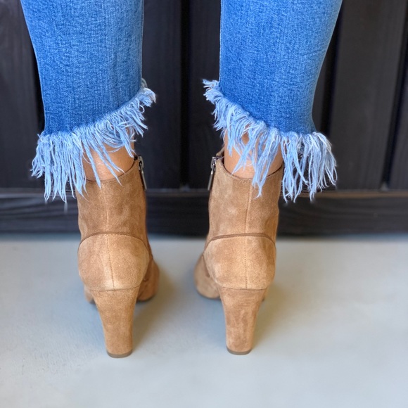 Camel Distressed Suede Block Heel Sock Ankle Boots - Picture 4 of 8